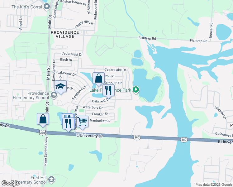map of restaurants, bars, coffee shops, grocery stores, and more near 1460 Providence Boulevard in Denton County