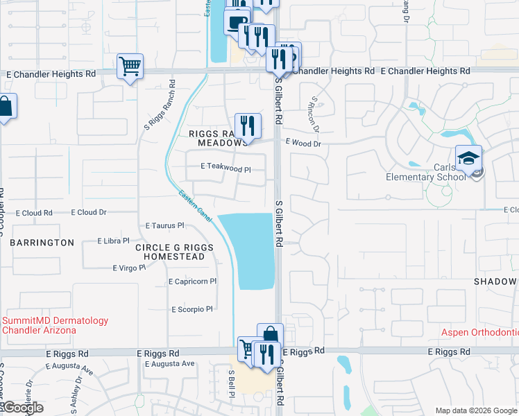 map of restaurants, bars, coffee shops, grocery stores, and more near 5490 South Scott Place in Chandler