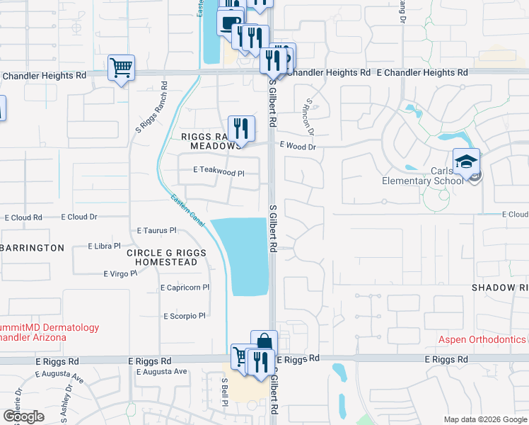map of restaurants, bars, coffee shops, grocery stores, and more near 5490 South Scott Place in Chandler