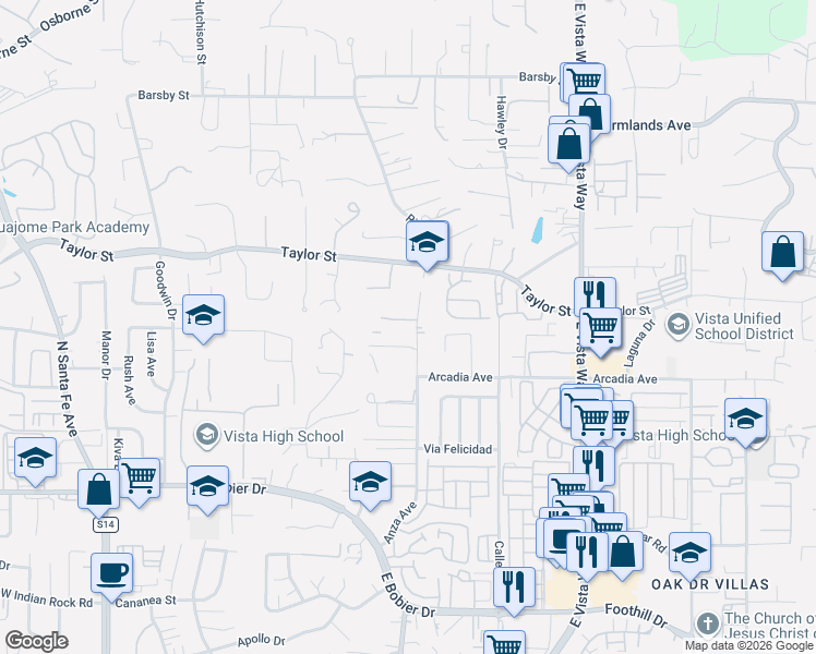map of restaurants, bars, coffee shops, grocery stores, and more near 1737 Anza Avenue in Vista