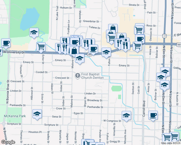 map of restaurants, bars, coffee shops, grocery stores, and more near 1213 Cordell Street in Denton