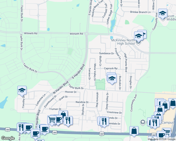 map of restaurants, bars, coffee shops, grocery stores, and more near 2713 Terrace Drive in McKinney