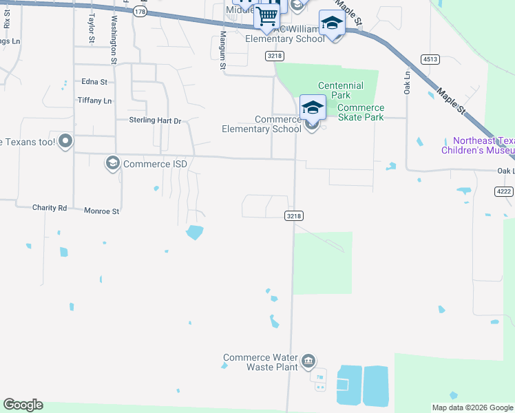 map of restaurants, bars, coffee shops, grocery stores, and more near 3301 Fm 3218 in Commerce