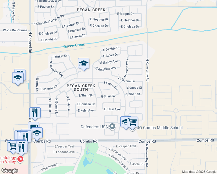 map of restaurants, bars, coffee shops, grocery stores, and more near 1300 East Julie Court in San Tan Valley