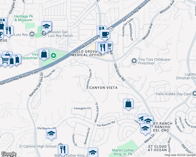 map of restaurants, bars, coffee shops, grocery stores, and more near 186 Ridge View Way in Oceanside