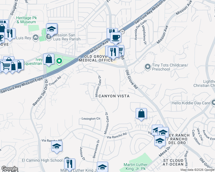 map of restaurants, bars, coffee shops, grocery stores, and more near 186 Ridge View Way in Oceanside