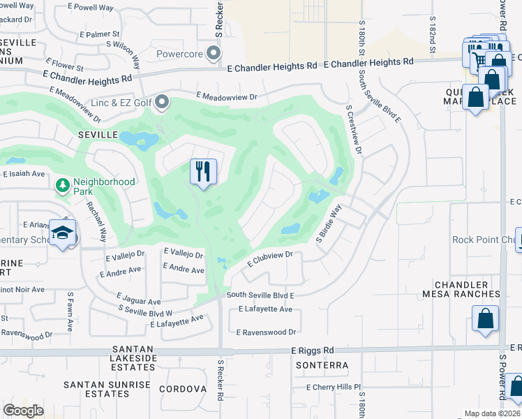 map of restaurants, bars, coffee shops, grocery stores, and more near 6791 South Street Andrews Way in Gilbert