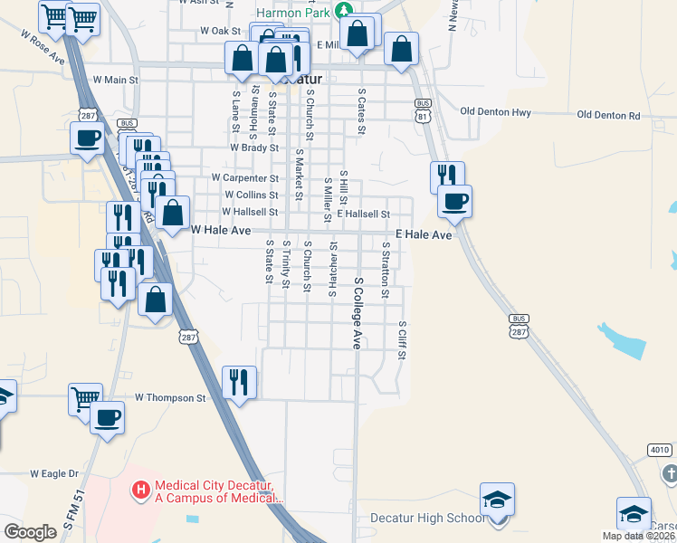 map of restaurants, bars, coffee shops, grocery stores, and more near 1201 South Hatcher Street in Decatur