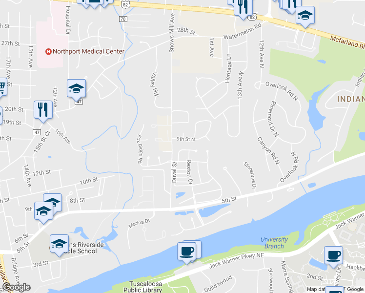 map of restaurants, bars, coffee shops, grocery stores, and more near 1710 Hollow Lane in Tuscaloosa