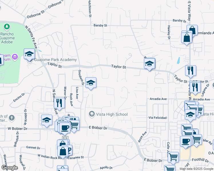 map of restaurants, bars, coffee shops, grocery stores, and more near 450 Gail Drive in Vista