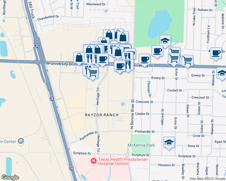 map of restaurants, bars, coffee shops, grocery stores, and more near 3330 Eastpark Boulevard in Denton