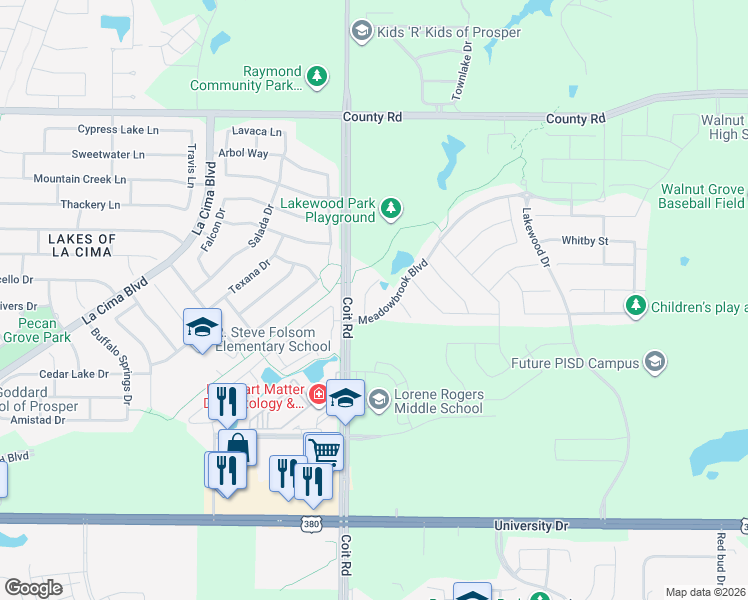 map of restaurants, bars, coffee shops, grocery stores, and more near 821 Foxfield Ct in Prosper