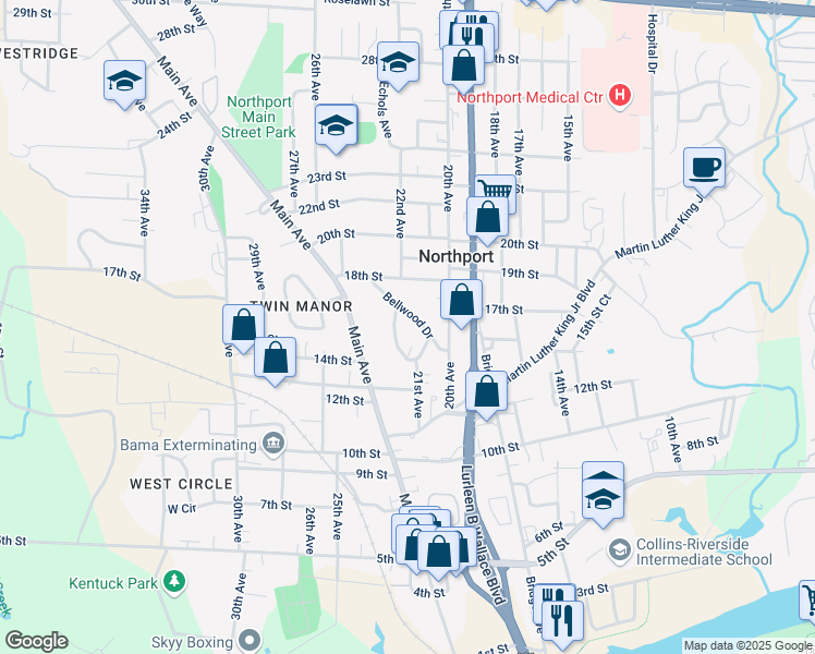 map of restaurants, bars, coffee shops, grocery stores, and more near 2117 Bellwood Drive in Northport