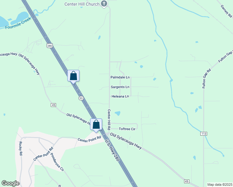 map of restaurants, bars, coffee shops, grocery stores, and more near 316 Center Hill Road in Sylacauga