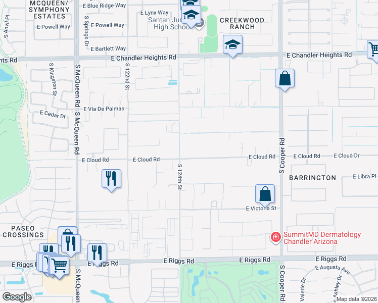 map of restaurants, bars, coffee shops, grocery stores, and more near 12414 East Cloud Road in Chandler