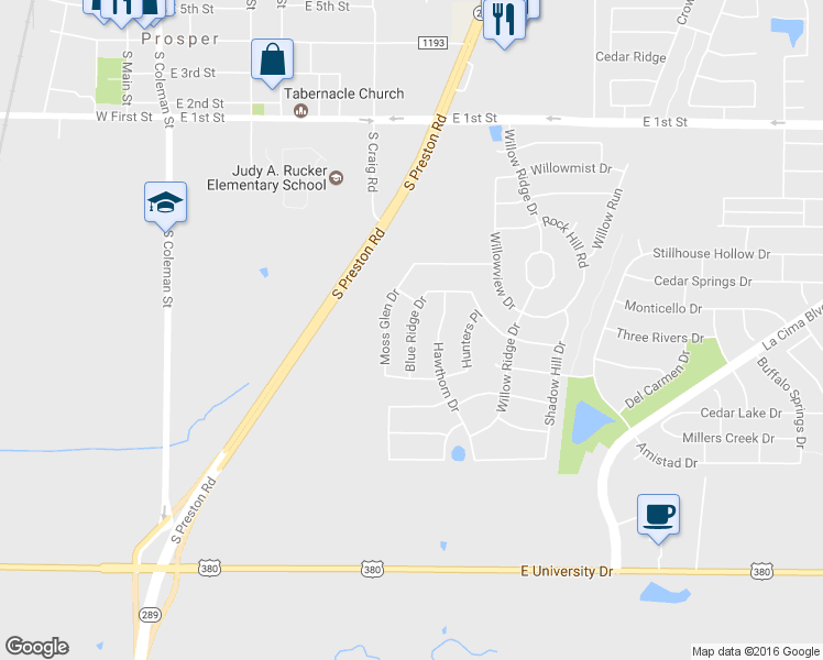 map of restaurants, bars, coffee shops, grocery stores, and more near 831 Blue Ridge Drive in Prosper