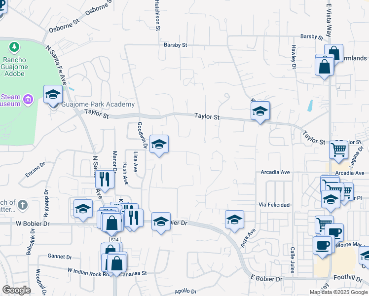 map of restaurants, bars, coffee shops, grocery stores, and more near 444 Gail Drive in Vista