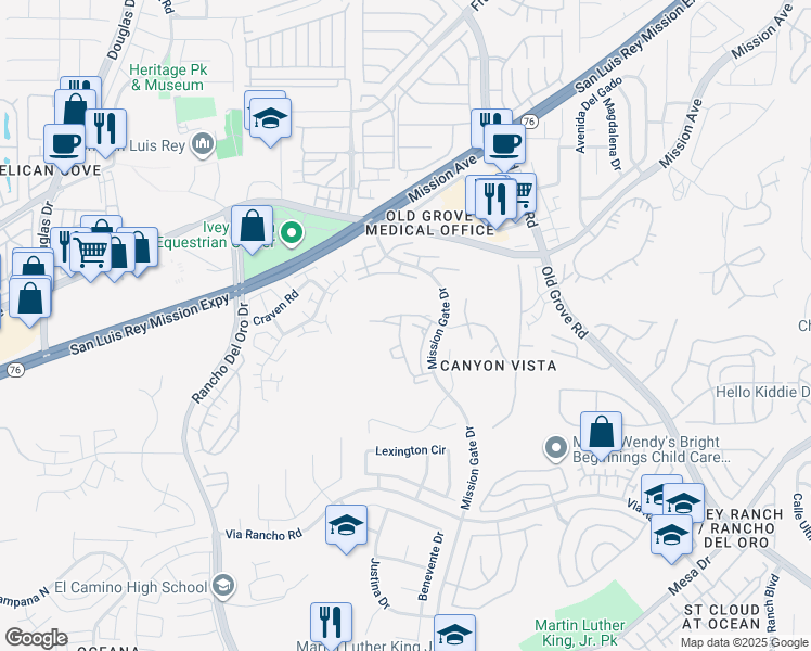 map of restaurants, bars, coffee shops, grocery stores, and more near 4224 Vista Panorama Way in Oceanside
