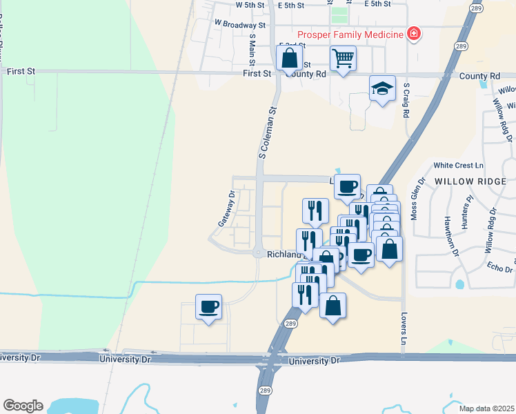 map of restaurants, bars, coffee shops, grocery stores, and more near 520 South Coleman Street in Prosper