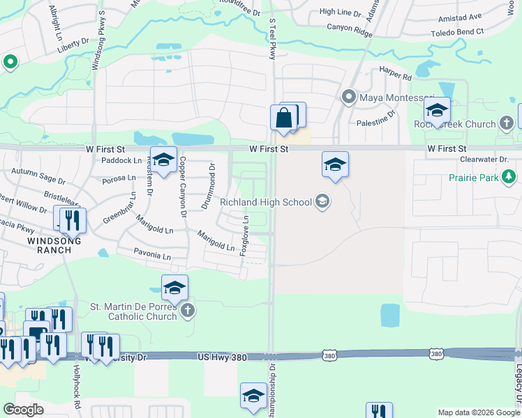 map of restaurants, bars, coffee shops, grocery stores, and more near 3701 Pine Leaf Lane in Prosper