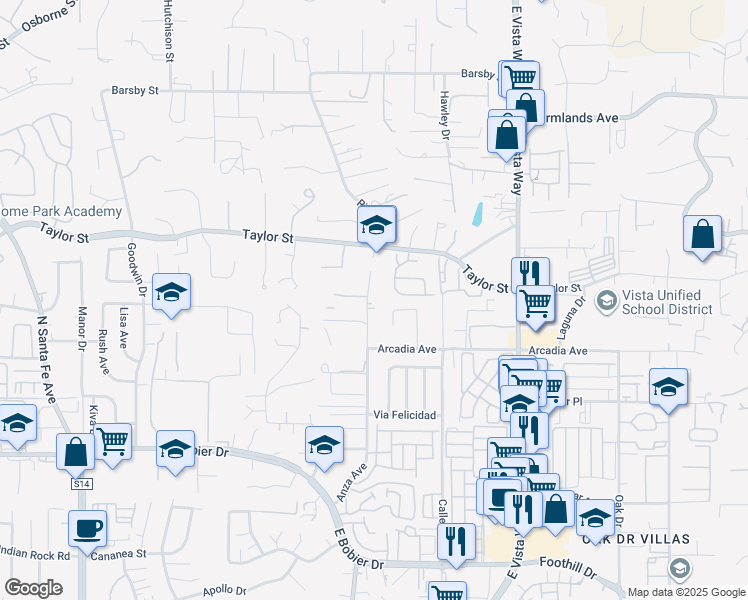 map of restaurants, bars, coffee shops, grocery stores, and more near 1741 Anza Avenue in Vista