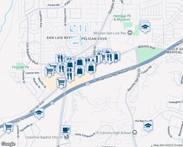 map of restaurants, bars, coffee shops, grocery stores, and more near 3895 Mission Ave in Oceanside