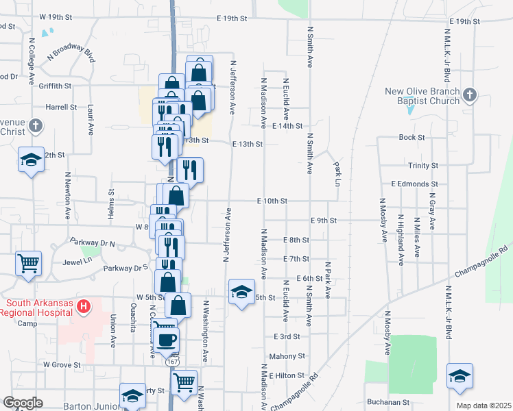 map of restaurants, bars, coffee shops, grocery stores, and more near 411 East 10th Street in El Dorado