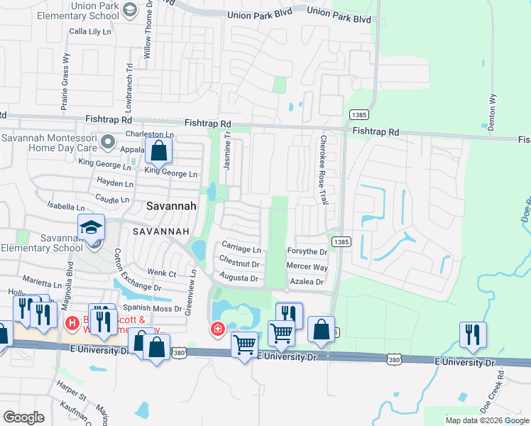 map of restaurants, bars, coffee shops, grocery stores, and more near 1400 Cobblestone Court in Denton County