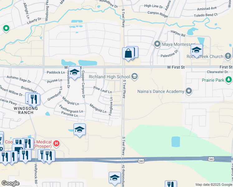 map of restaurants, bars, coffee shops, grocery stores, and more near 3701 Pine Leaf Lane in Prosper