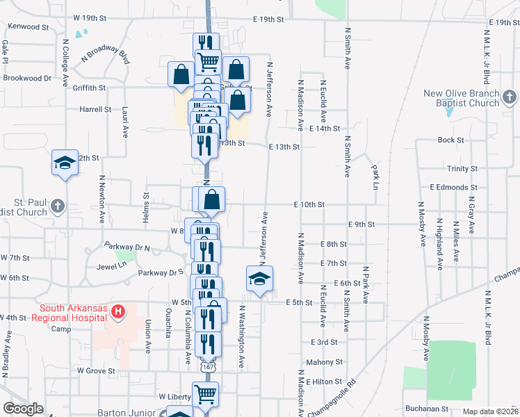 map of restaurants, bars, coffee shops, grocery stores, and more near 1520 North Jefferson Avenue in El Dorado