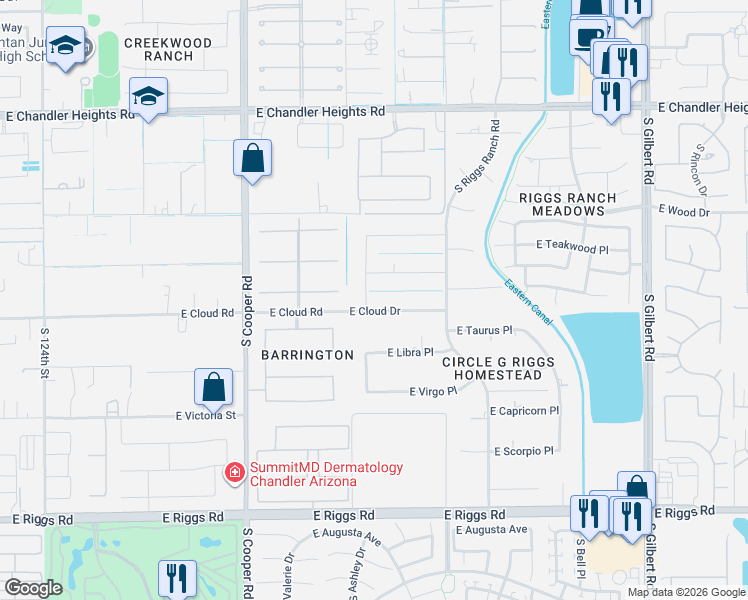 map of restaurants, bars, coffee shops, grocery stores, and more near 2355 East Cloud Drive in Chandler