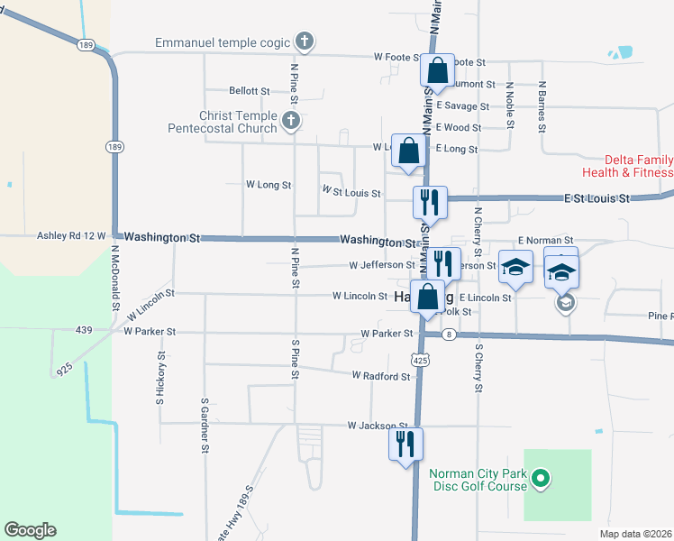 map of restaurants, bars, coffee shops, grocery stores, and more near 409 West Jefferson Street in Hamburg