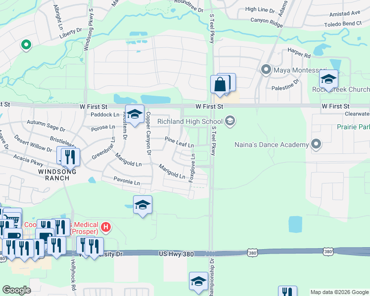 map of restaurants, bars, coffee shops, grocery stores, and more near 881 Mountain Laurel Drive in Prosper