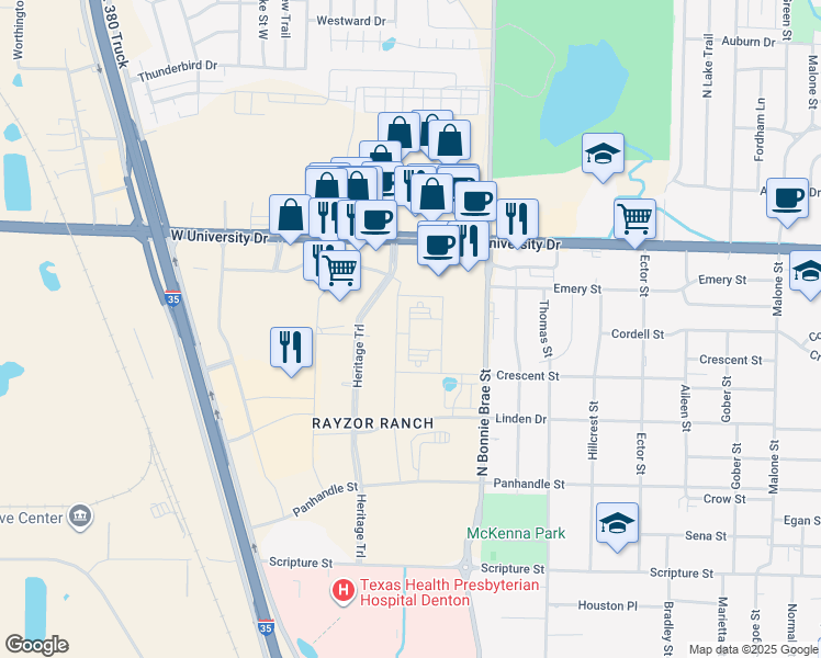map of restaurants, bars, coffee shops, grocery stores, and more near 1101 North Bonnie Brae Street in Denton