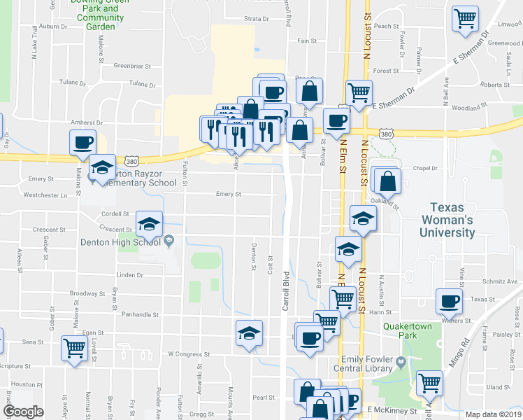 map of restaurants, bars, coffee shops, grocery stores, and more near 608 Cordell Street in Denton