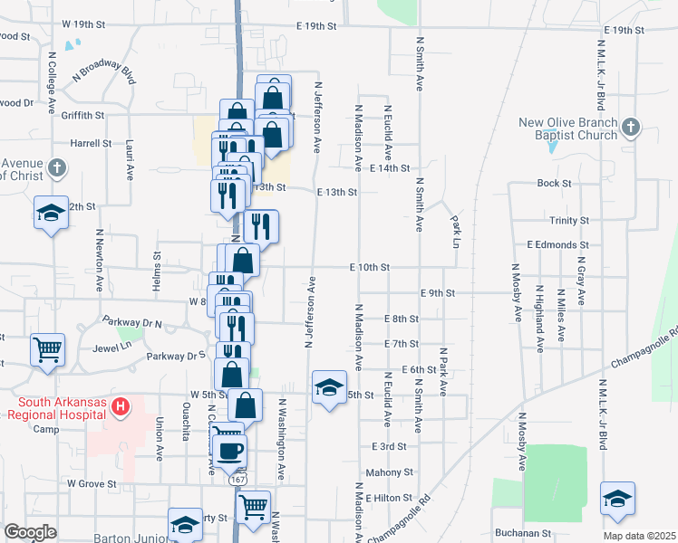 map of restaurants, bars, coffee shops, grocery stores, and more near 411 East 10th Street in El Dorado