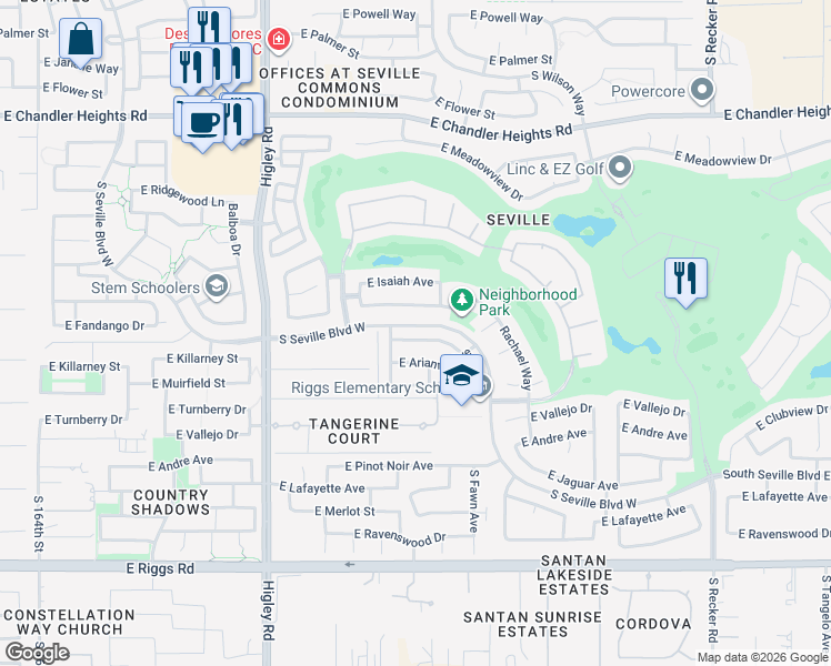 map of restaurants, bars, coffee shops, grocery stores, and more near 3503 East Riopelle Avenue in Gilbert