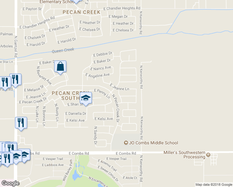 map of restaurants, bars, coffee shops, grocery stores, and more near 38278 North Kyle Street in Queen Creek