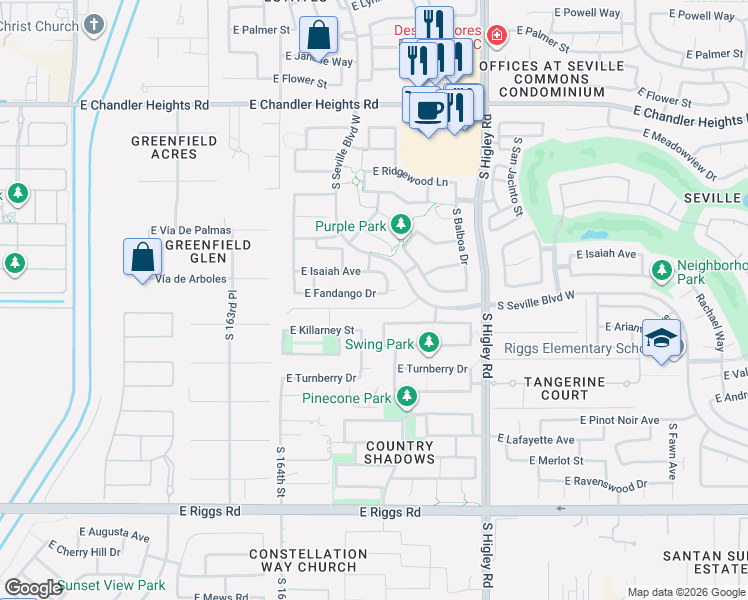 map of restaurants, bars, coffee shops, grocery stores, and more near 2951 East Fandango Drive in Gilbert