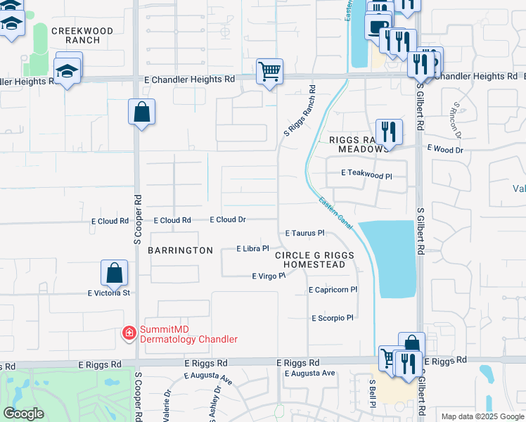 map of restaurants, bars, coffee shops, grocery stores, and more near 2454 East Cloud Street in Chandler