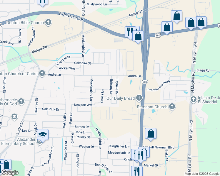map of restaurants, bars, coffee shops, grocery stores, and more near 1015 Brittany Drive in Denton