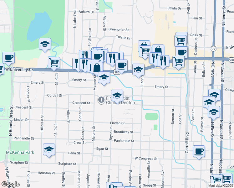 map of restaurants, bars, coffee shops, grocery stores, and more near 1224 Cordell Street in Denton