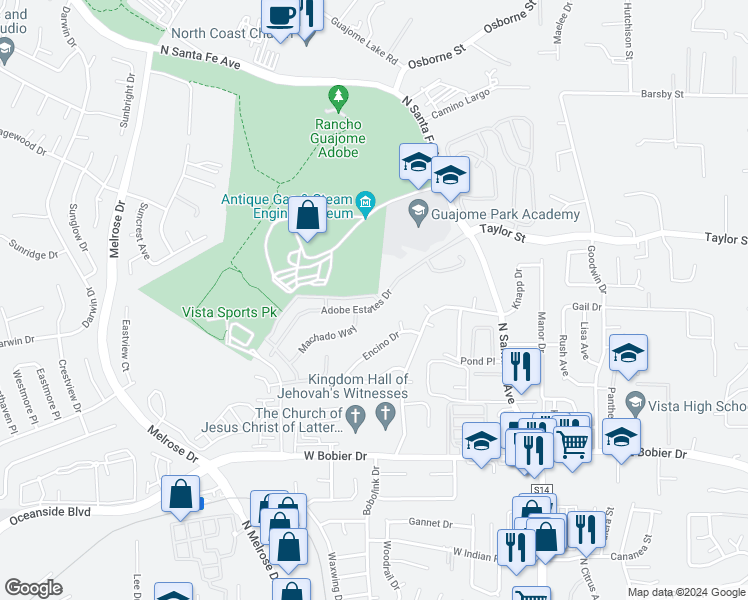 map of restaurants, bars, coffee shops, grocery stores, and more near 404 Adobe Estates Drive in Vista