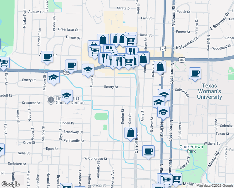 map of restaurants, bars, coffee shops, grocery stores, and more near 719 Cordell Street in Denton