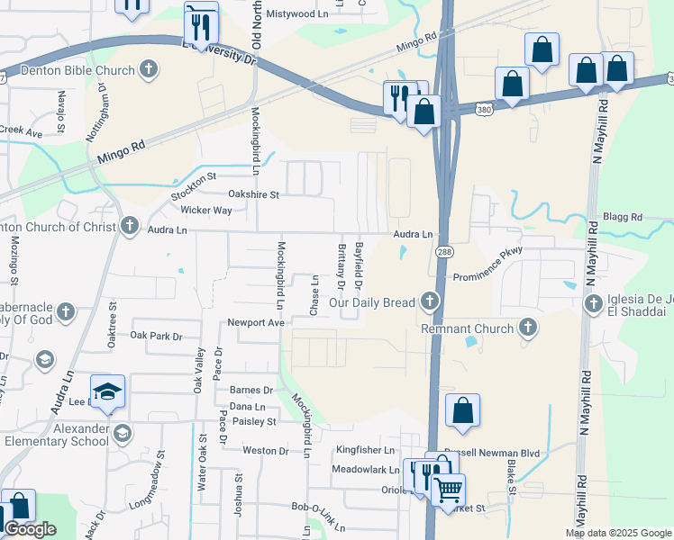 map of restaurants, bars, coffee shops, grocery stores, and more near 1015 Brittany Drive in Denton