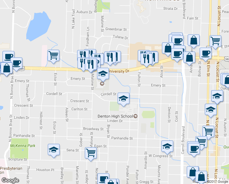 map of restaurants, bars, coffee shops, grocery stores, and more near 1224 Cordell Street in Denton