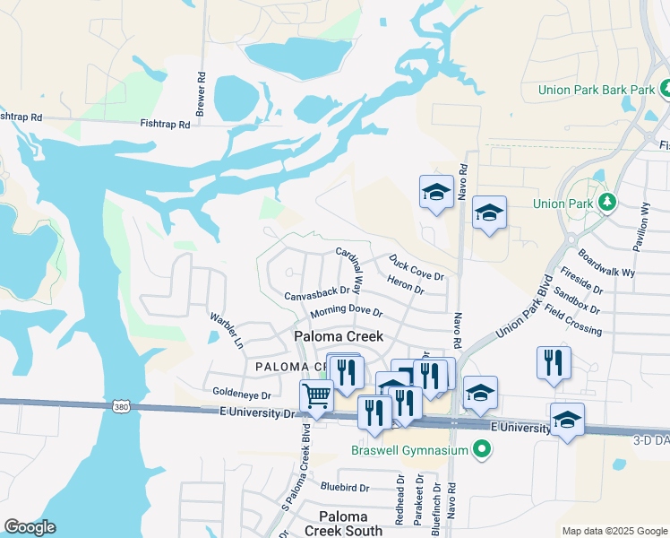 map of restaurants, bars, coffee shops, grocery stores, and more near 1123 Blue Jay Drive in Aubrey