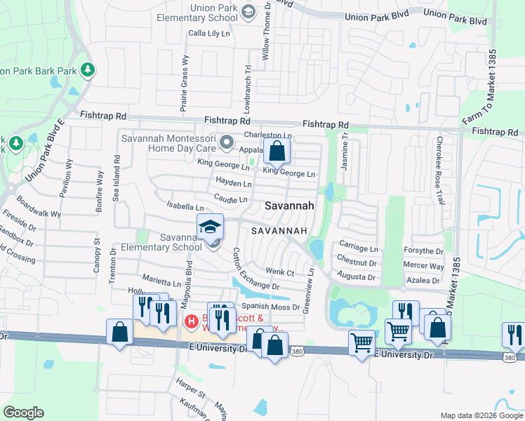 map of restaurants, bars, coffee shops, grocery stores, and more near 1210 Gwinnett Court in Denton County