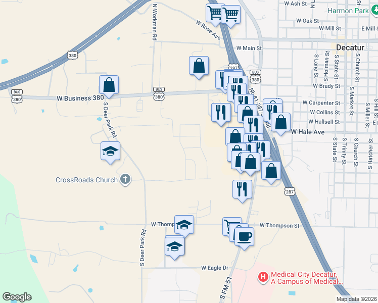 map of restaurants, bars, coffee shops, grocery stores, and more near 1305 South Deer Park Road in Decatur