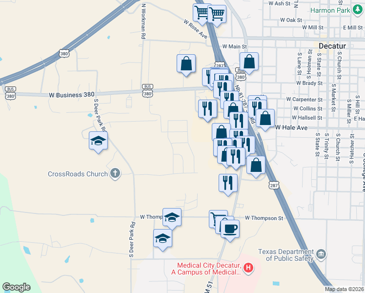 map of restaurants, bars, coffee shops, grocery stores, and more near 800 U.S. 81 Business in Decatur